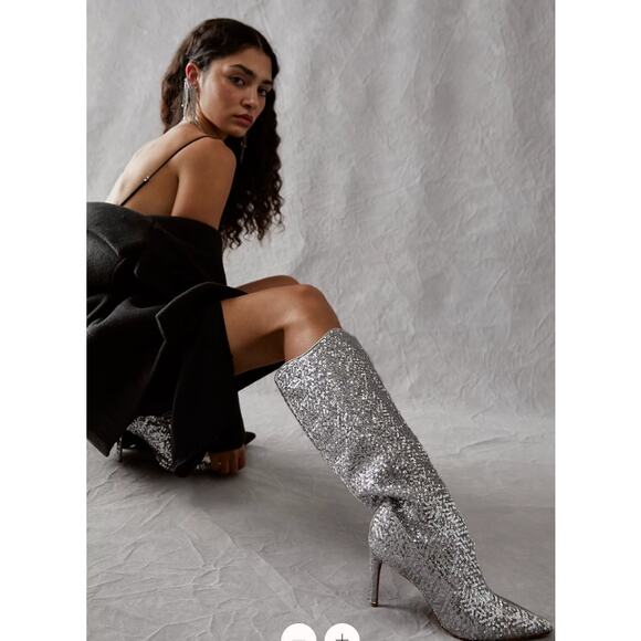 Free People Vicenza After Midnight Silver Knee High Heel Boots Size US 11 - Picture 2 of 8